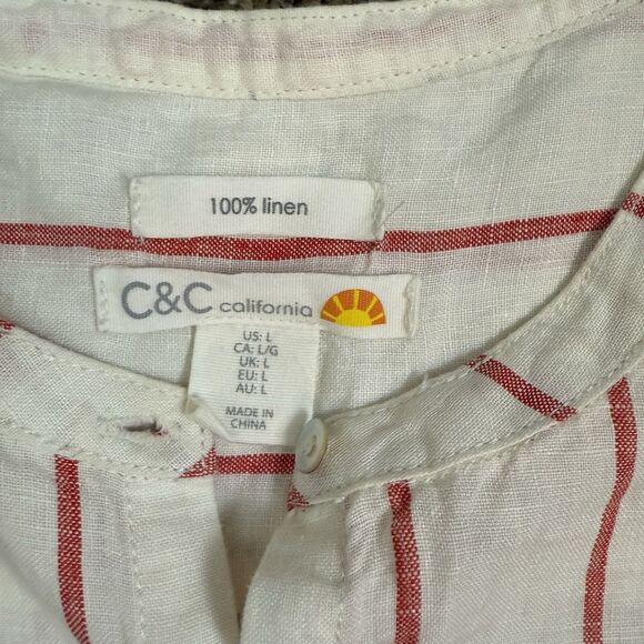 C&C California Red Striped 100% Linen Button Down Sleeveless Shirt Womens Large - Picture 3 of 9